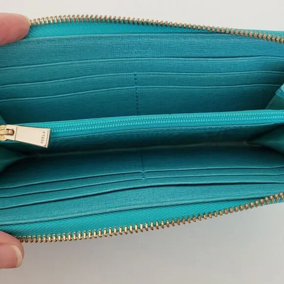 Furla Italian Zip Around Wallet Large Geniue Leather Tiffany Blue Designer Logo - Picture 4 of 10